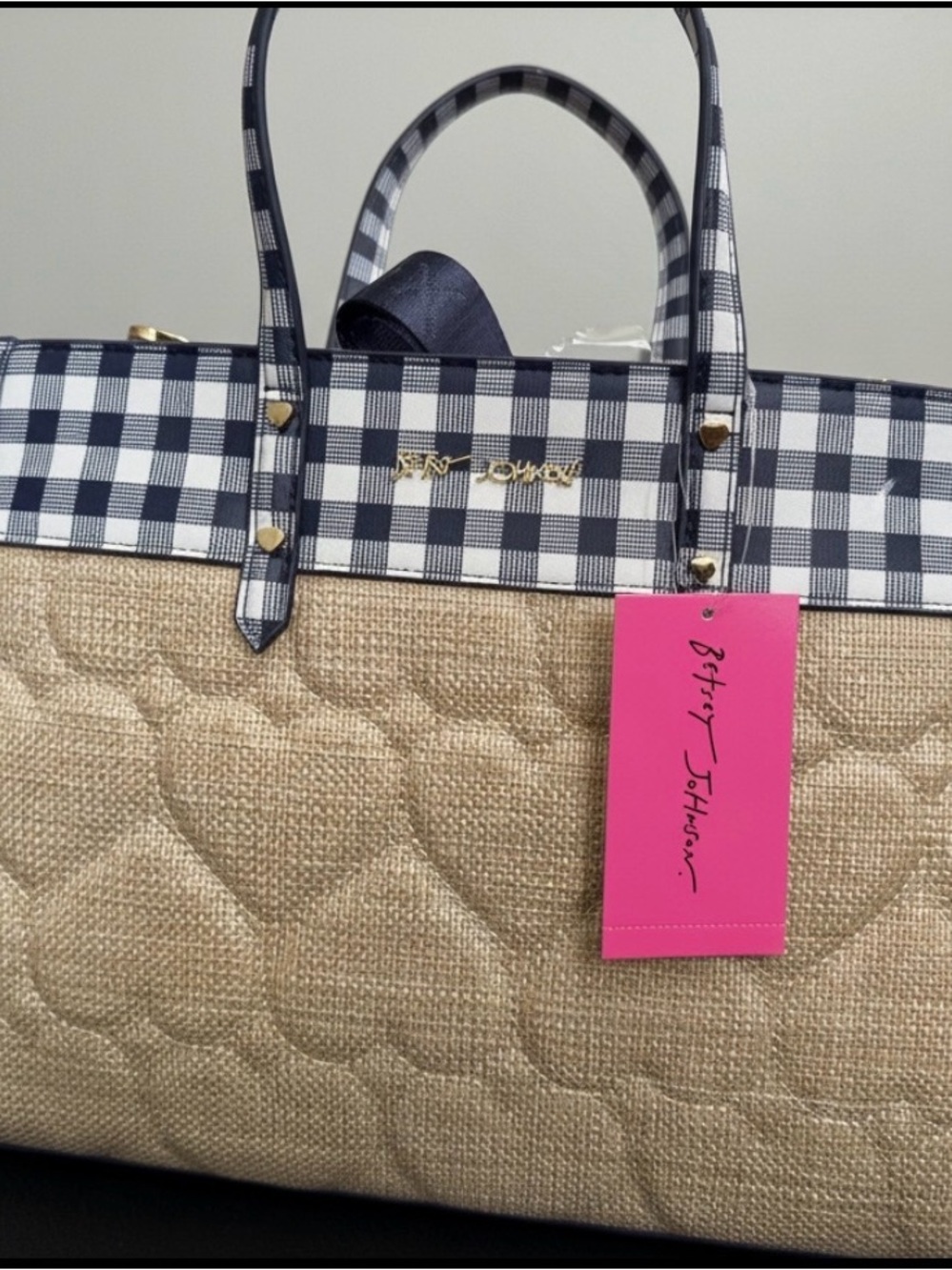 Betsey Johnson Navy Gingham Trim Natural Straw Tote/Gold Hearts